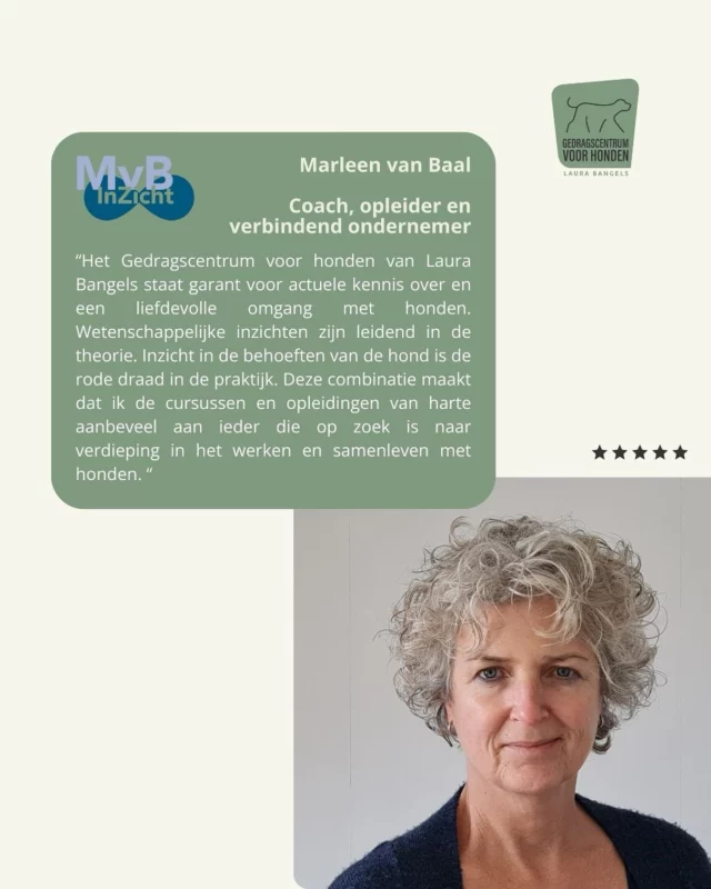 Marleen van Baal, auteur van o.a. ‘Lieve hond, wat doe je met me’ en ‘Lieve hond, ik rouw om jou’, heeft een speciaal plaatsje in onze opleiding.🔥

Ze leert onze studenten de beginselen van Hersenwerk voor honden, en dit steeds op haar eigen wijze manier. Niet alleen inzicht in hondengedrag, maar ook inzicht in het gedrag van de hondenbegeleider én van onszelf staat centraal. 

Alles om fijner samen te leven met honden, en vooral om samen te ‘zijn’. ❤️

💬 Vragen? Stuur ons een berichtje!
🎓 Meer leren? Bekijk onze opleidingen! 

👉 https://gedragscentrumvoorhonden.be